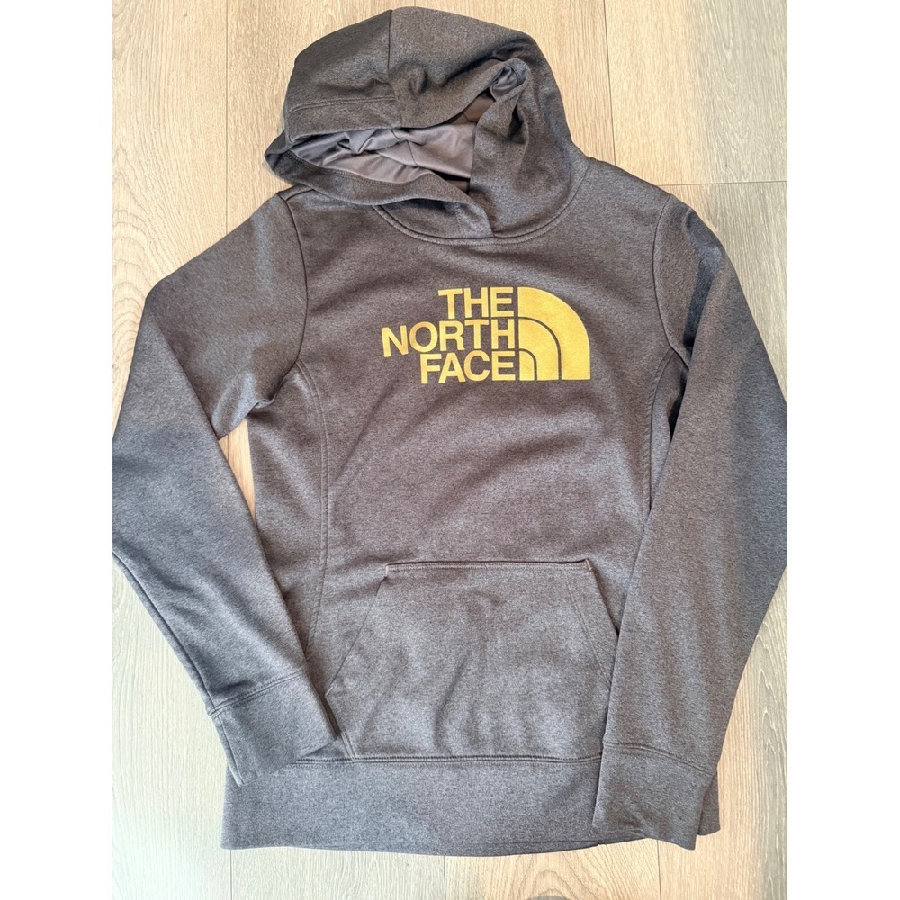 The North Face Womens Grey Heather Yellow Logo Hoodie Outdoor Sweatshirt Small S